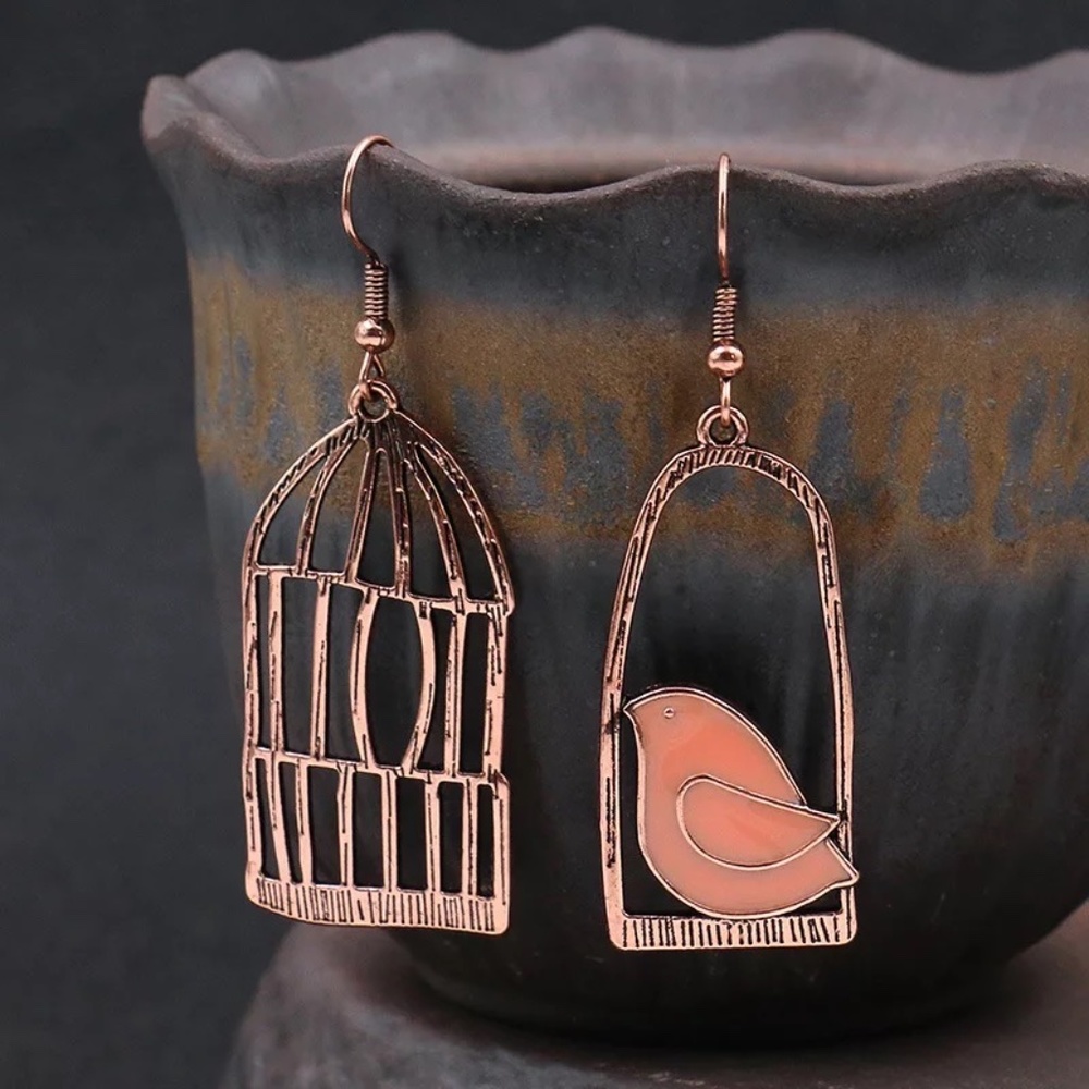 Bird Cage Antique Bronze Gold Chic Pink Earrings